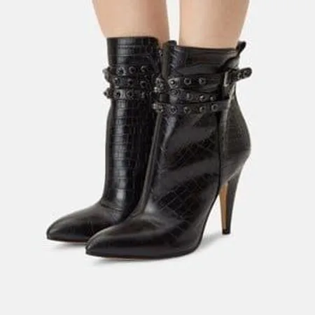 Black Croc Belted Ankle Boot — Black