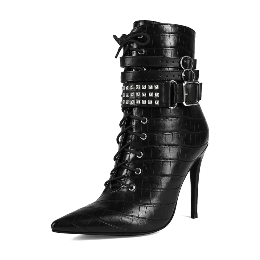 Black Croc Lace-Up Buckle Bootie — Black