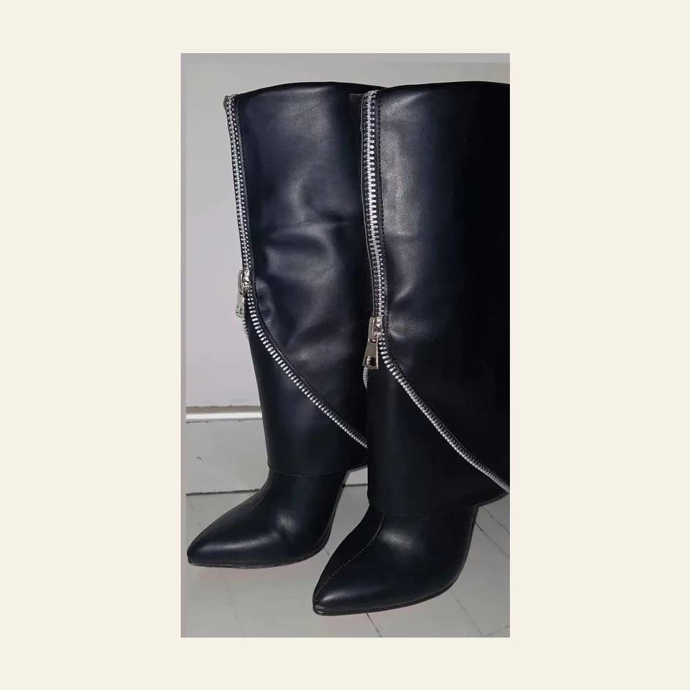 Black Fold-Over Zip Knee Boot — Black / Silver