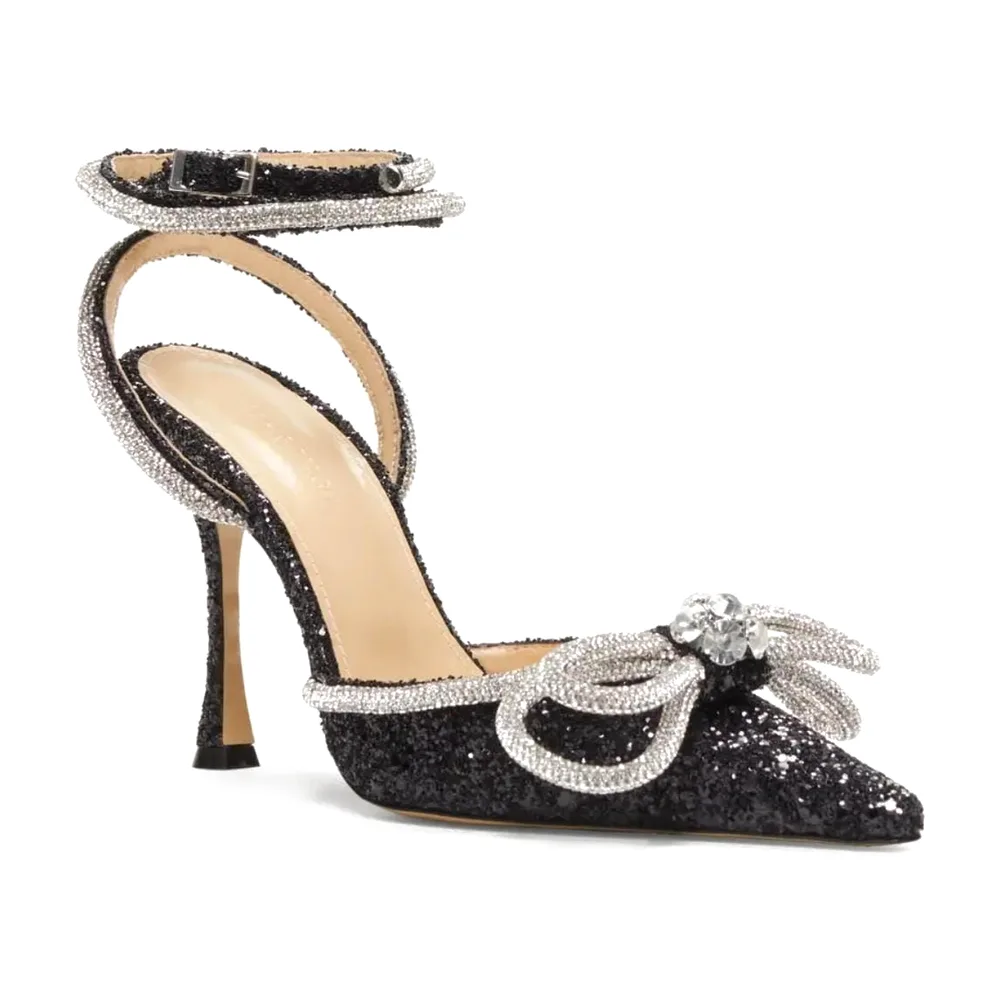 Black Glitter Crystal Bow Pump — Black glitter / Crystal