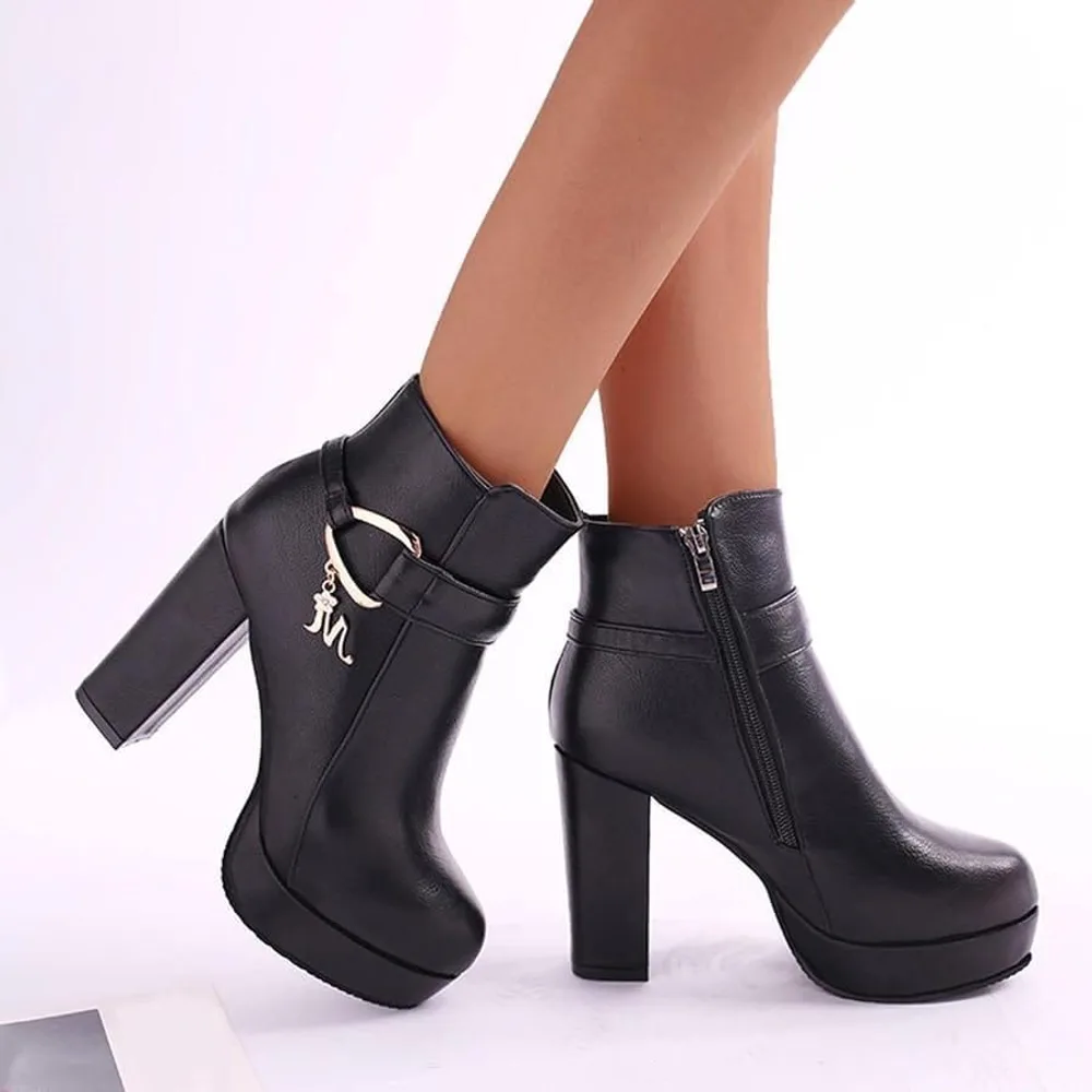 Black Platform Buckle Ankle Boot — Black / Gold