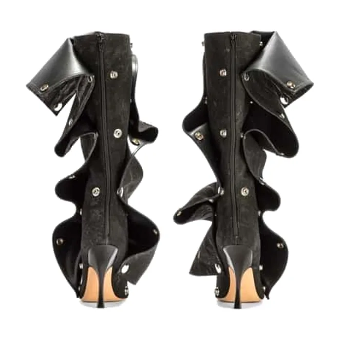 Black Ruffled Stud Knee Boot — Black / Silver