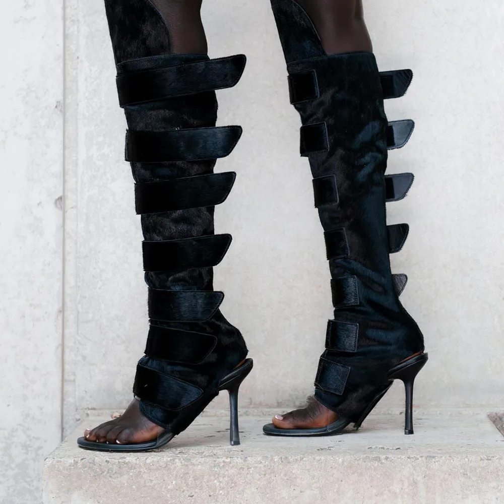 Black Velvet Strap Knee Boot — Black