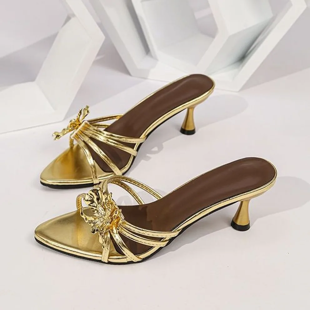 Gold Rosette Kitten-Heel Mule