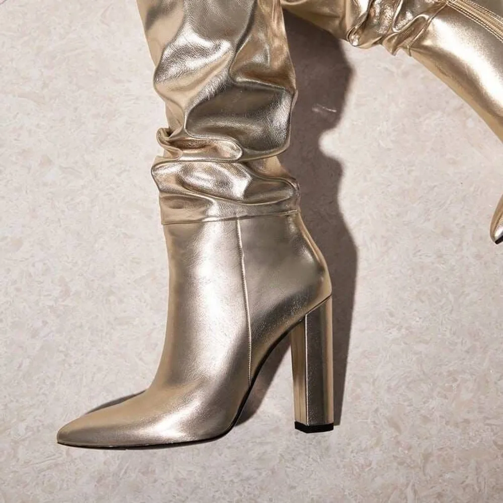 Silver Slouch Block-Heel Boot — Silver